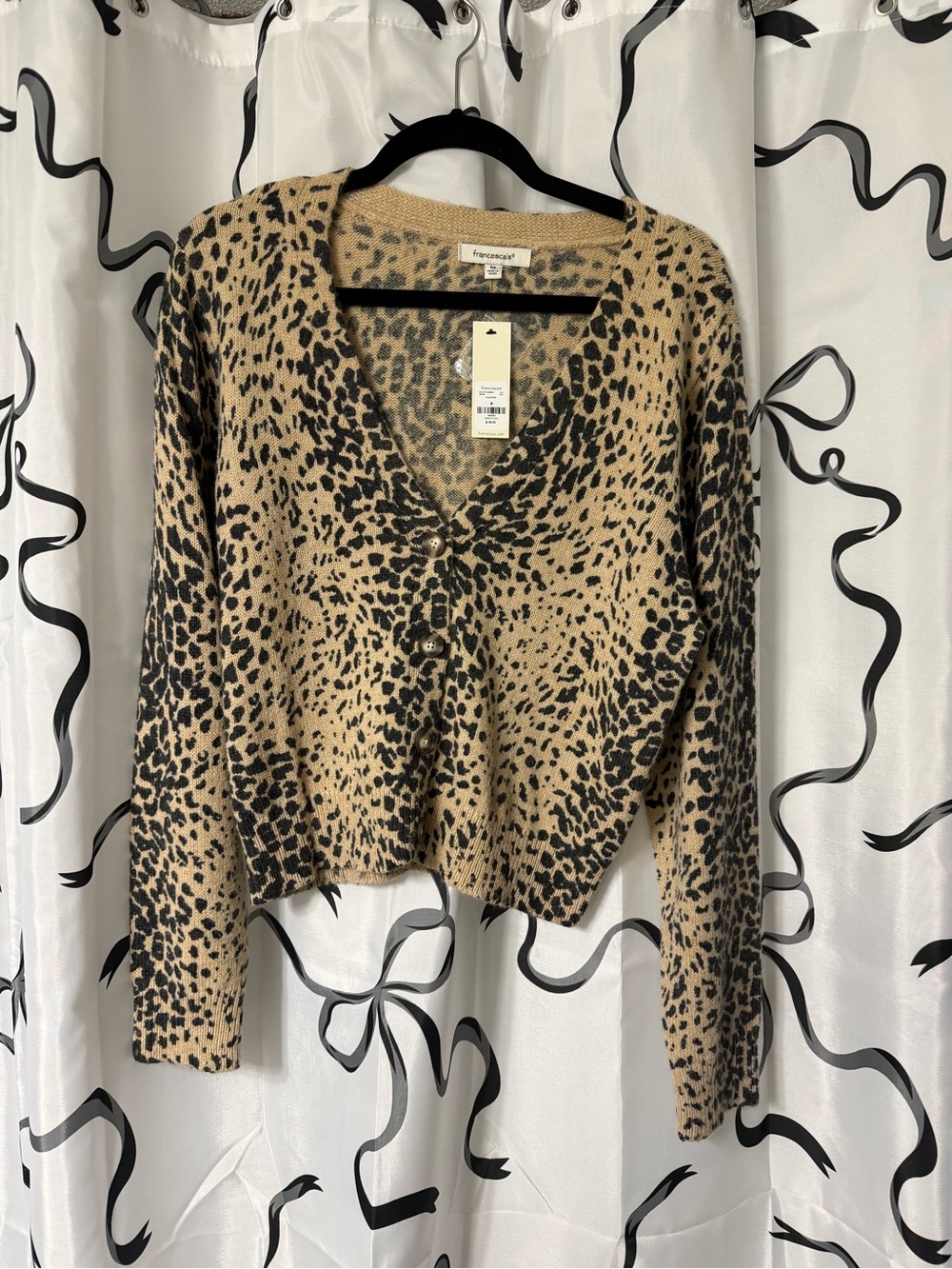Francesca's Black and Tan Leopard Print V-Neck Cardigan, Medium